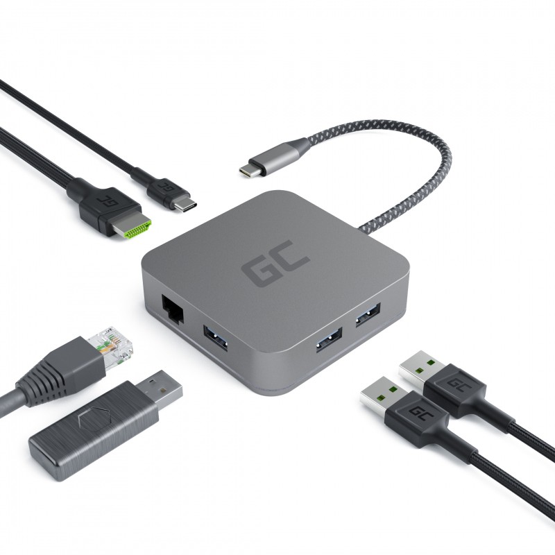 Green Cell AK61 USB-C 6-Port Hub, 3xUSB 3.0, USB-C, HDMI, Gigabit Ethernet