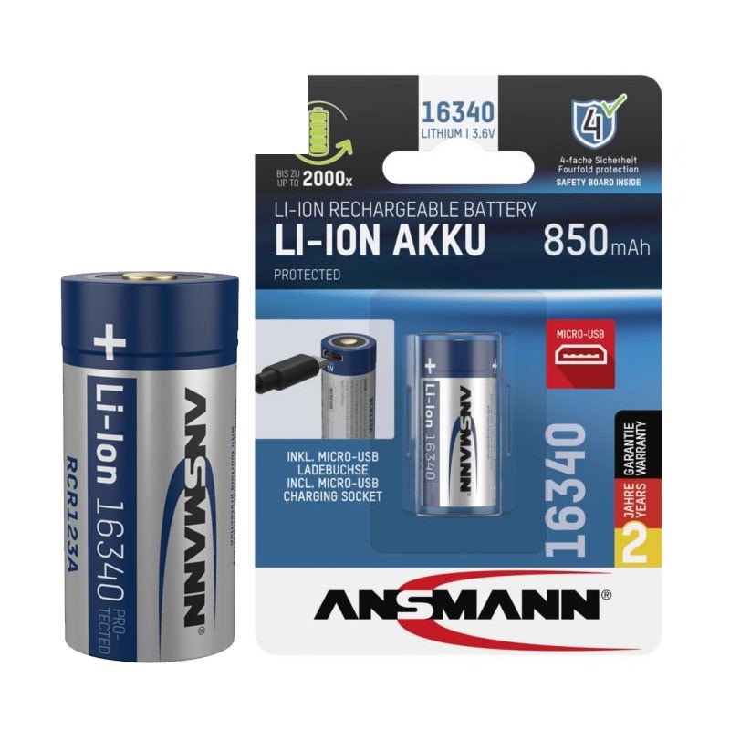 Punjiva Li-Ion 3.6V 850mAh 16340 sa mikro USB ulazom za punjenje RCR123A Ansmann
