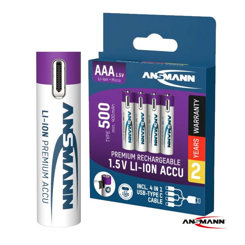 Punjiva Li-Ion 1.5V 500mAh AAA sa USB tip C ulazom za punjenje Ansmann 4 komada