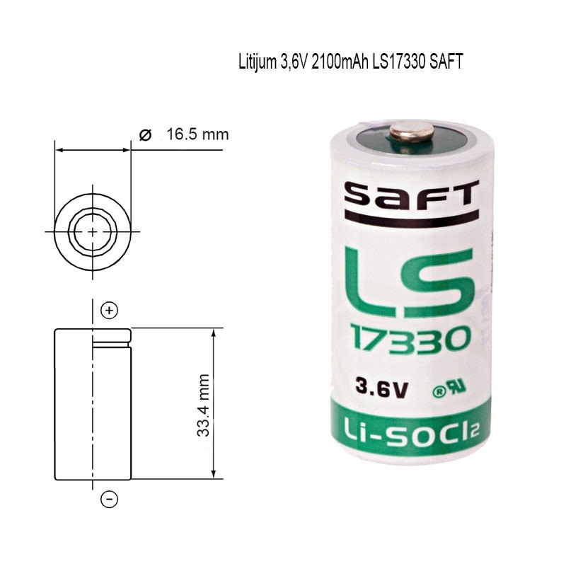Litijum primarni 2/3 A 3.6V 2100mAh LS17330 SAFT