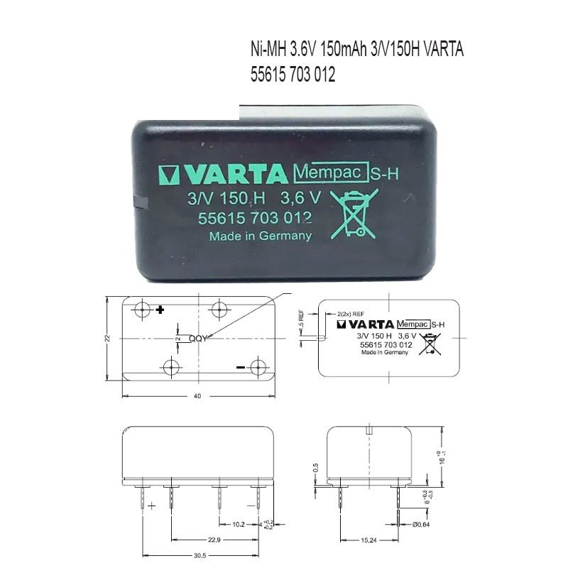 Punjiva NiMH dugmetna baterija 3.6V 150mAh 3/V150H VARTA