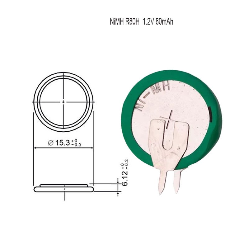 Dugmetna baterija NiMH R80H 1.2V 80mAh 2PIN vertikalni